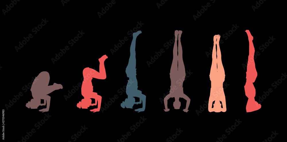 yoga pose headstand a set of multi-colored female silhouettes. Vector illustration on black background.