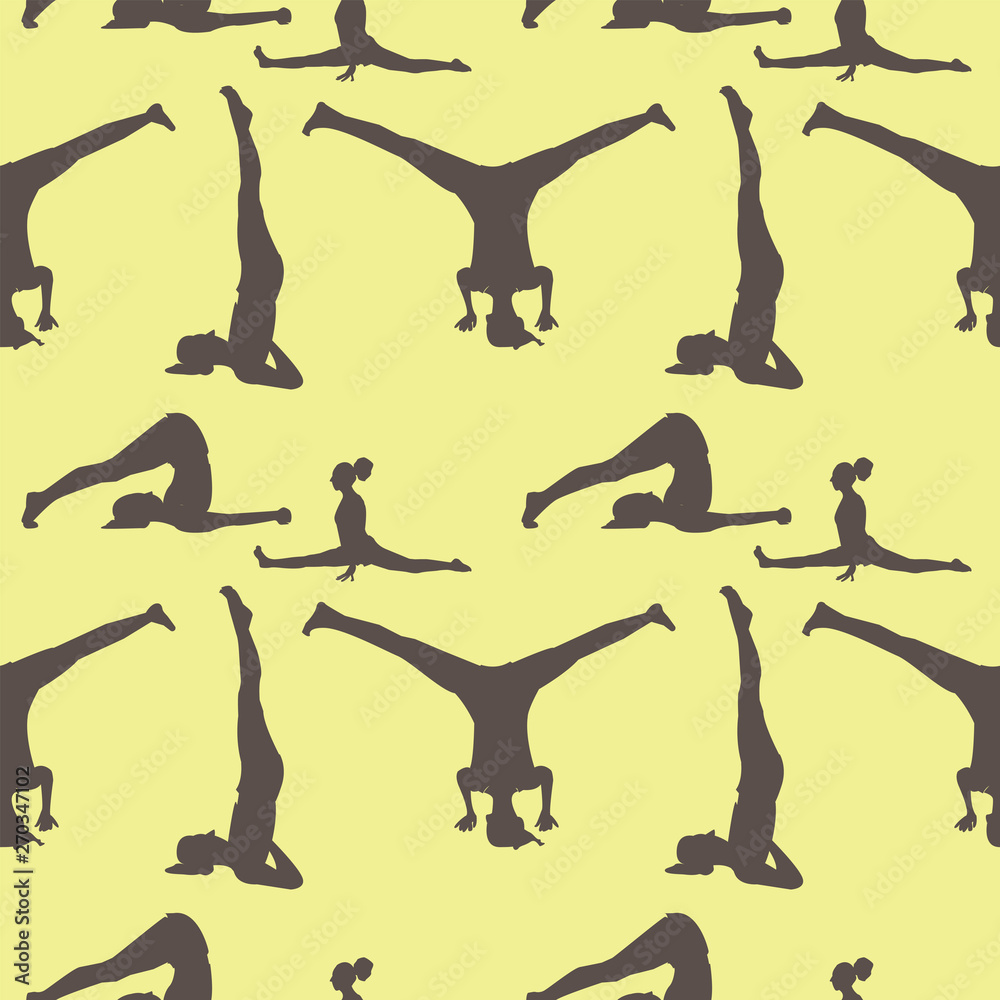 Yoga poses women silhouettes seamless pattern. yellow color vector illustration