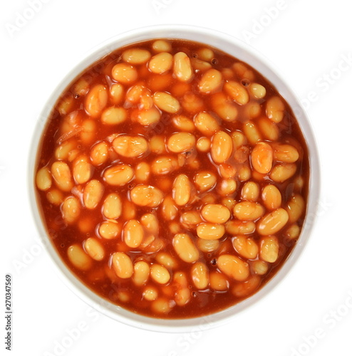 Tinnes beans top view on white. Open can of beans on a white background. Baked Beans - Baked beans in tomato sauce.