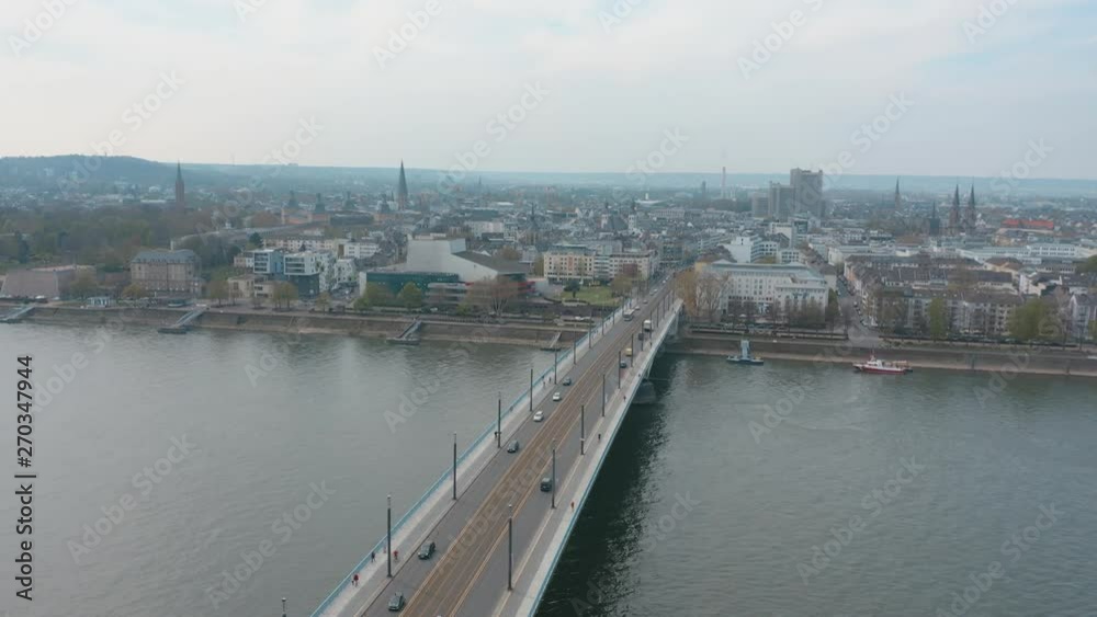 Drone / Aerial shot of the panorama of Bonn Kennedybücke Kennedy bridge and opera Bonn with the river rhine 25p Drone / Aerial shot of the panorama of Bonn Kennedybücke Kennedy bridge and opera Bonn with the river rhine 25p