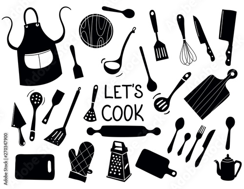 Lets Cook - Kitchen silhouette doodle vector icon set