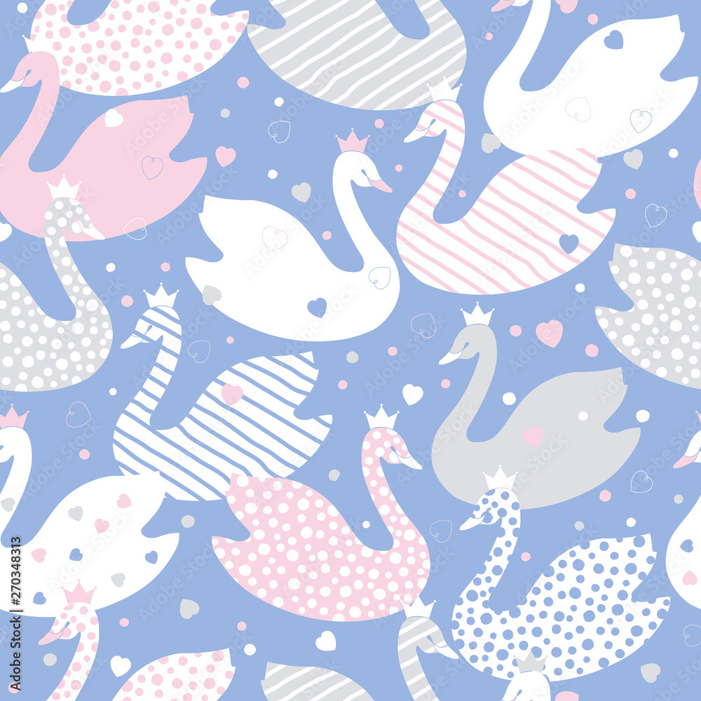 Cute cartoon stylized swans. Seamless colored vector pattern on a background with dots and hearts.