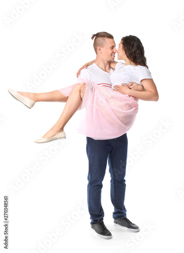 Adorable loving couple on white background