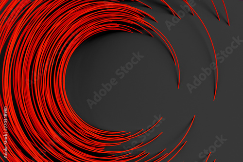 Digital black background of many red circles rods rotated at random angle and forming a frame around an empty space 3D illustration photo