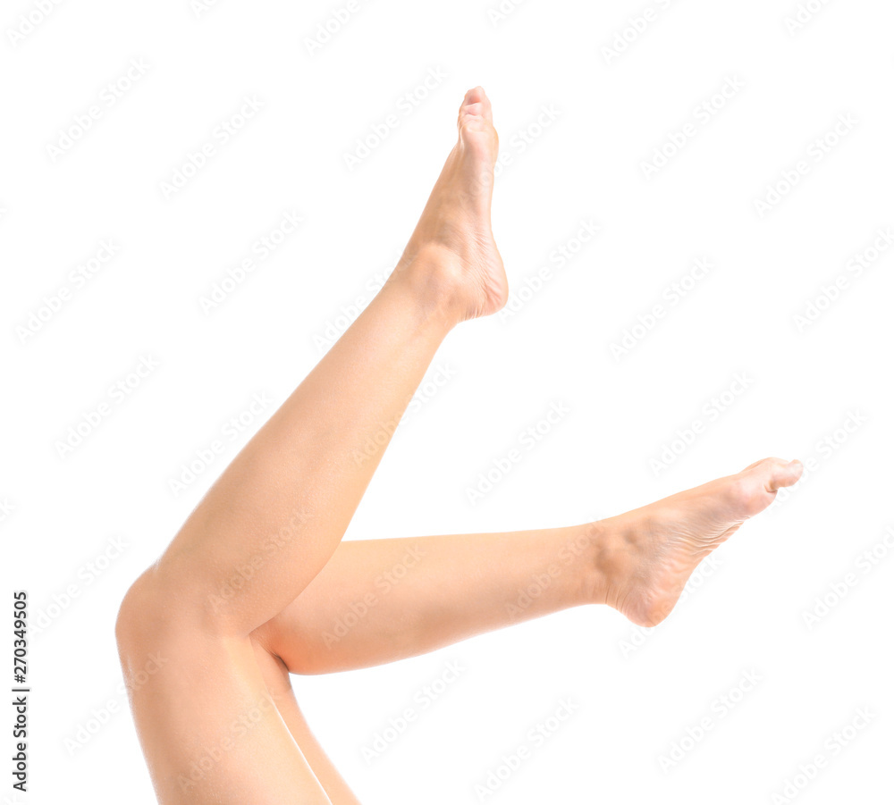 Legs of beautiful young woman after depilation on white background Legs of beautiful young woman after depilation on white background