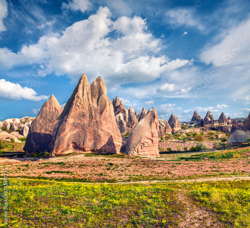 Nice spring scene of Cappadocia. Picturesque morning view of of Red Rose valley in April. Cavusin village located, district of Nevsehir, Turkey, Asia. Traveling concept background.