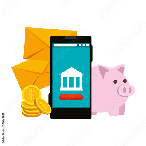 smartphone with bank building app and envelopes money