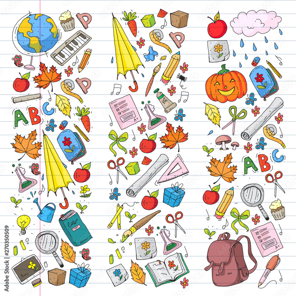 Back to school vector pattern. Education icons for children.