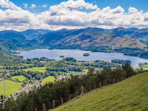 View of Keswick and Derwentwater from the top of Latrigg fell, Keswick, Cumbria, UK photo