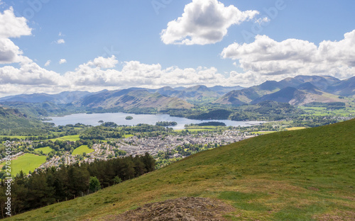 View of Keswick and Derwentwater from the top of Latrigg fell, Keswick, Cumbria, UK