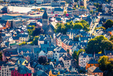Aerial view of street of Alesund town on the west coast of Norway, at the entrance to the Geirangerfjord. Colorful morning cityscape. Traveling concept background.
