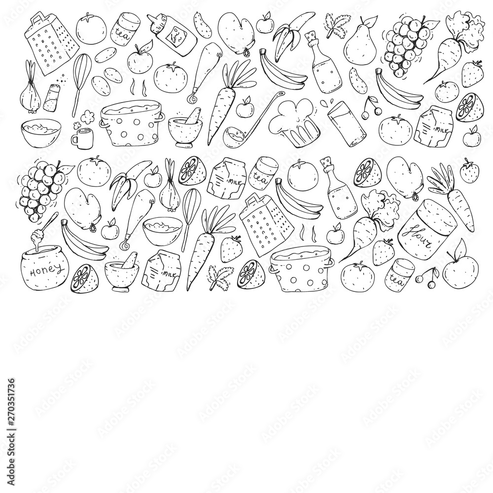 Healthy food and cooking. Fruits, vegetables, household. Doodle vector set. Healthy food and cooking. Fruits, vegetables, household. Doodle vector set.
