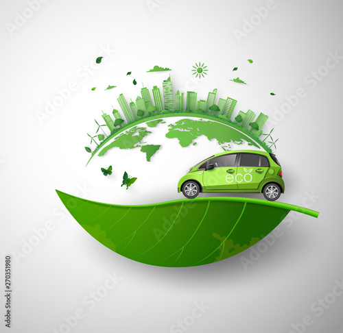 Green Eco Car Driving on Leaf Over the World