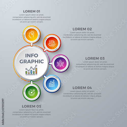 Infographic design with 5 process choices or steps. Design elements for your business such as reports, leaflets, brochures, workflows and more. Infographic design with modern colors and simple icons.