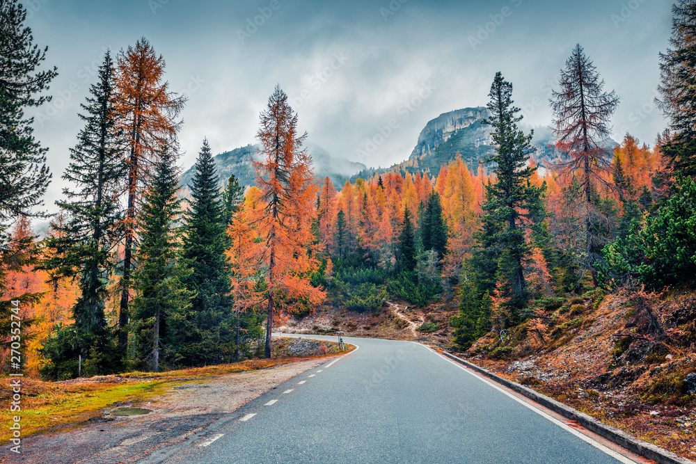 Misty morning scene in National Park Tre Cime di Lavaredo. Colorful autumn landscape in Dolomite Alps, South Tyrol, Location Auronzo, Italy, Europe. Artistic style post processed photo. Misty morning scene in National Park Tre Cime di Lavaredo. Colorful autumn landscape in Dolomite Alps, South Tyrol, Location Auronzo, Italy, Europe. Artistic style post processed photo.