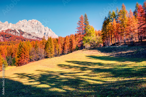 Fabulous morning view of Italian Alps. Sunny autumn scene of Dolomite mountains, Cortina d'Ampezzo location, Italy, Europe. Beauty of nature concept background.