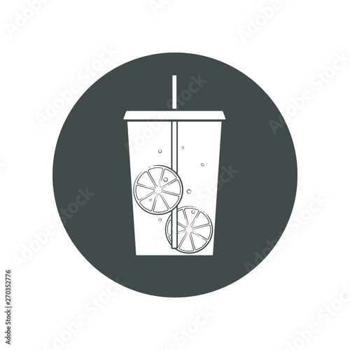 Vector icon of ice tea in a cup for take away. Trasparent, no fill on cup. Isolated in circle.