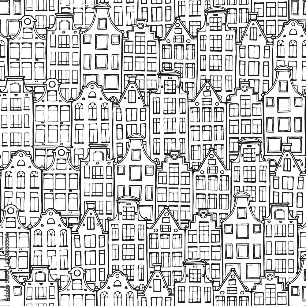 Hand drawn doodle houses pattern. Samless background. Netherlandish hous.   Adult coloring page.