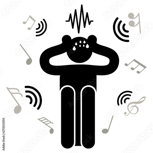 Acousticophobia. Fear of sounds and noise. Man Plugs His Ears With His Hands. Afraided man. Logo, icon, silhouette, sticker, sign. Phobia.