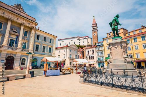Bright summer view of Tartini Square in old town Piran. Splendid spring morning of Slovenia, Europe. Traveling concept background. Magnificent Mediterranean landscape.