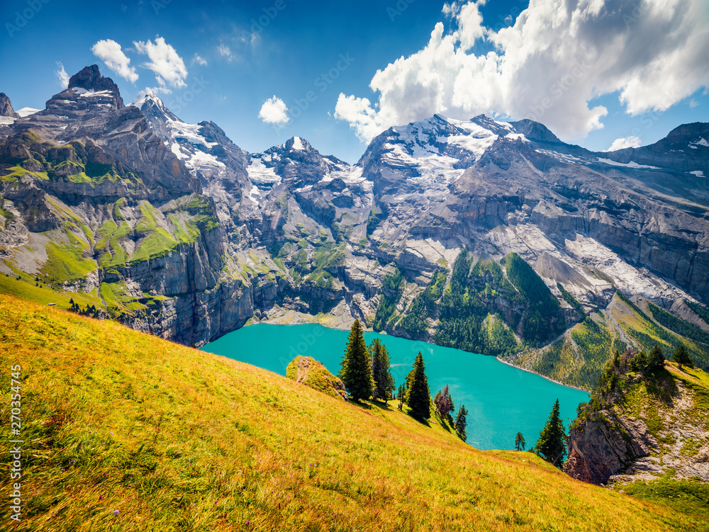 Aerial view of unique Oeschinensee Lake. Splendid outdoor scene in the ...