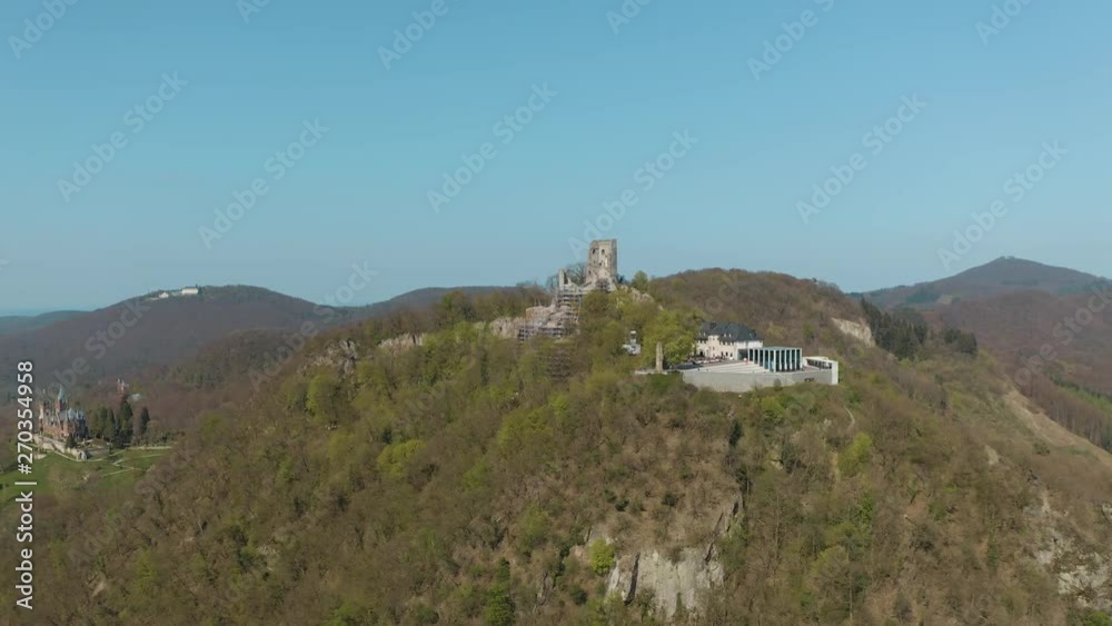 Drone / Aerial shot of the Drachenfels with castle Drachenburg Siebengebirge near Bonn / Königswinter 25p Drone / Aerial shot of the Drachenfels with castle Drachenburg Siebengebirge near Bonn / Königswinter 25p