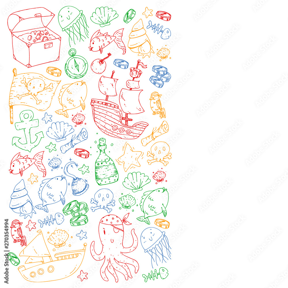 Ocean and sea for children. Pattern for boys. Pirate party. Cute fishes, animals, treasures. Kids vacation pattern, beach toys and elements. Ocean and sea for children. Pattern for boys. Pirate party. Cute fishes, animals, treasures. Kids vacation pattern, beach toys and elements.