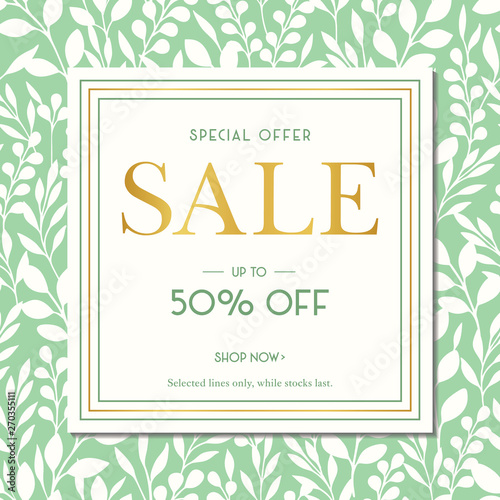 Green Spring Summer Foliage Silhouettes Sale Promotion Square Banner. Social Media Ads Graphics. Abstract Floral Print