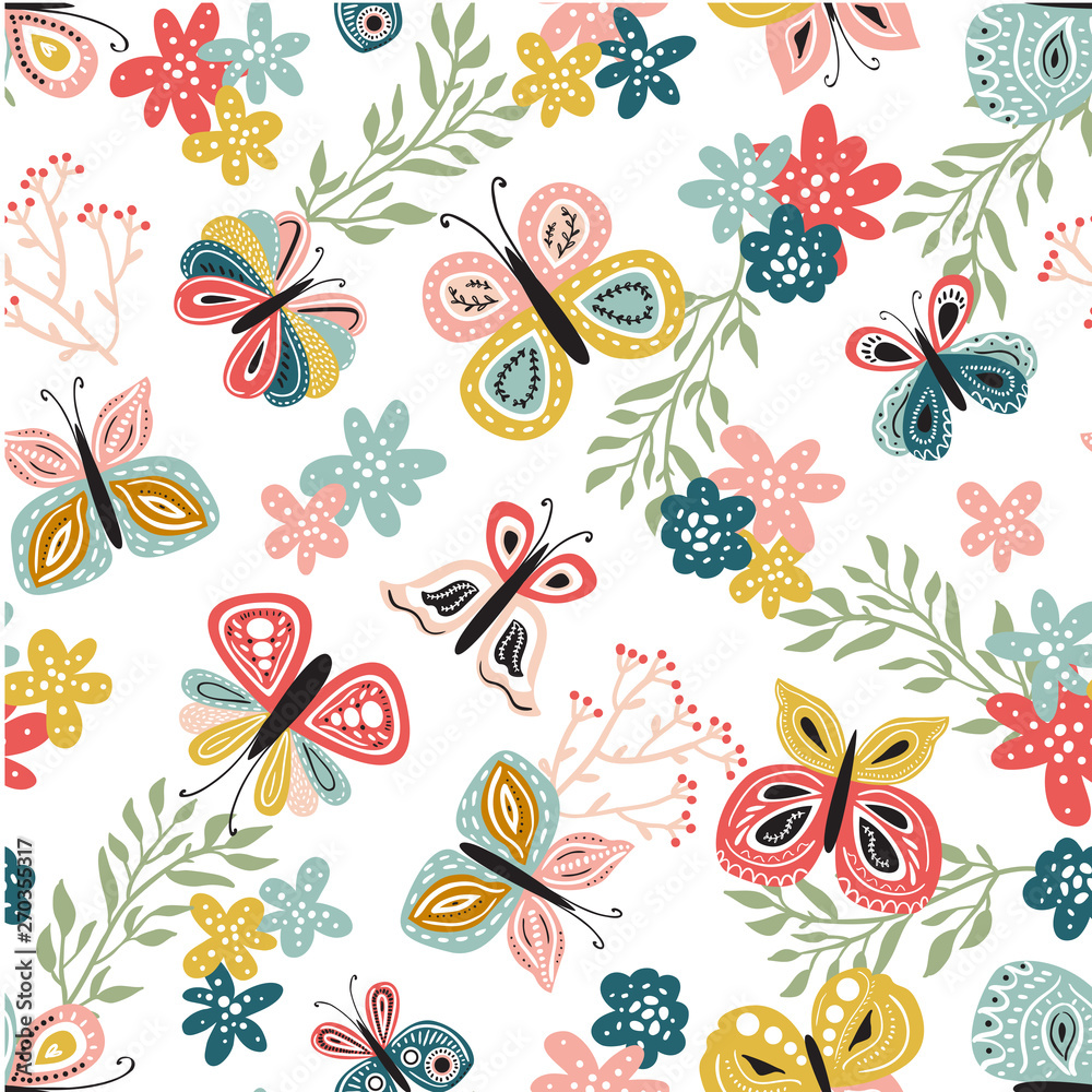 Seamless pattern with beautiful hand drawn butterfly. Tileable background for kids and women product design, fabric, stationery, textile, apparel. Fun and colorful vector illustration