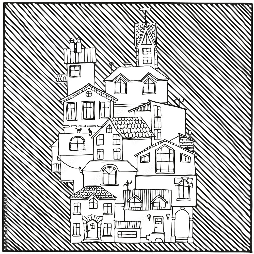 Hand drawn doodle houses in black and white.  Adult coloring page. Cartoon coloring book. Vector Illustration.