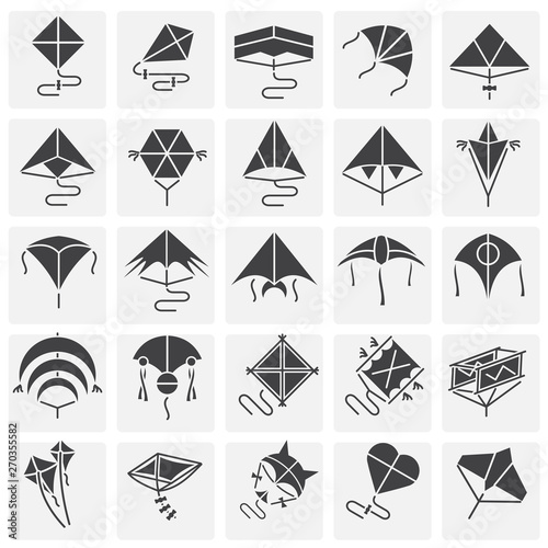 Kites icons set on squares background for graphic and web design. Simple vector sign. Internet concept symbol for website button or mobile app.