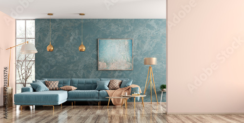 Fototapeta Naklejka Na Ścianę i Meble -  Interior of living room with blue sofa 3d rendering