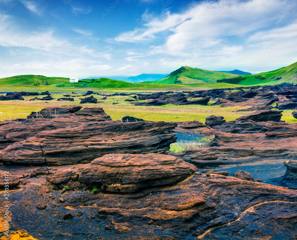 Typical Icelandic landscape on the south coast of Iceland. Colorful summer morning with volcanic ground. Beauty of nature concept background.