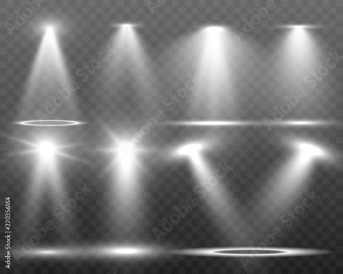 Collection of stage lighting  catwalk or platform  transparent effects. Bright lighting with spotlights. Light effect. Projector. 