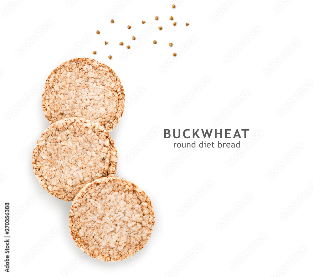 three  round wheat airy crispbread and buckwheat groats . Isolated on white background. Top view