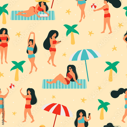 Women relax on the beach, sunbath, play ball, take a selfie. Activity people. Summertime vector seamless pattern.