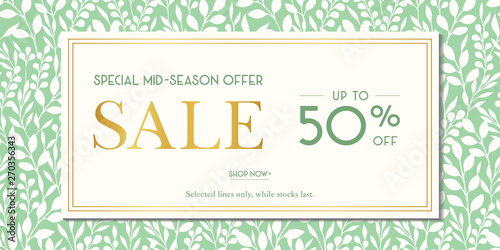 Green Spring Summer Foliage Silhouettes Sale Promotion Horizontal Banner. Social Media Ads. Abstract Floral Print