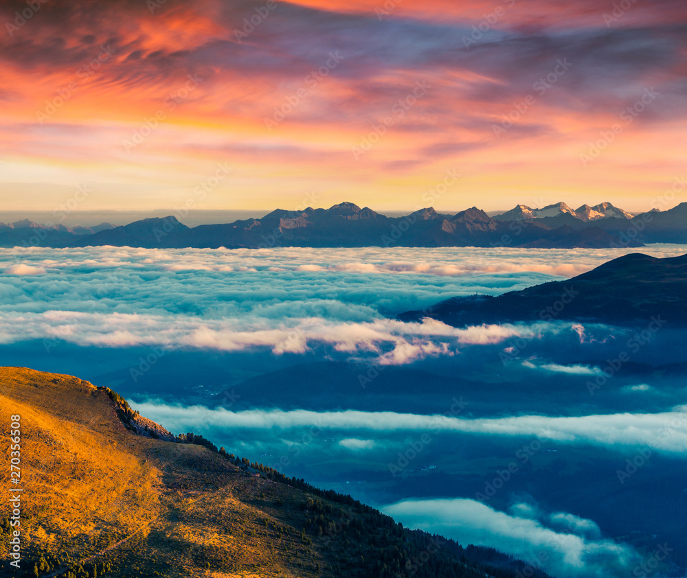 Dramatic summer sunrise in Dolomite Alps.