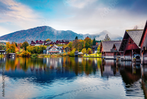 Splendid autumn sunrise on Grundlsee lake. Amazing morning scene of Brauhof village, Styria stare of Austria, Europe. Colorful view of Alps. Traveling concept background. © Andrew Mayovskyy