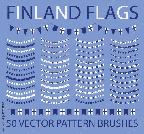 Set of 50 vector pattern brushes. Outer, inner corners and start, end tiles included. Garland of finnish flags. Finland. White, blue. 