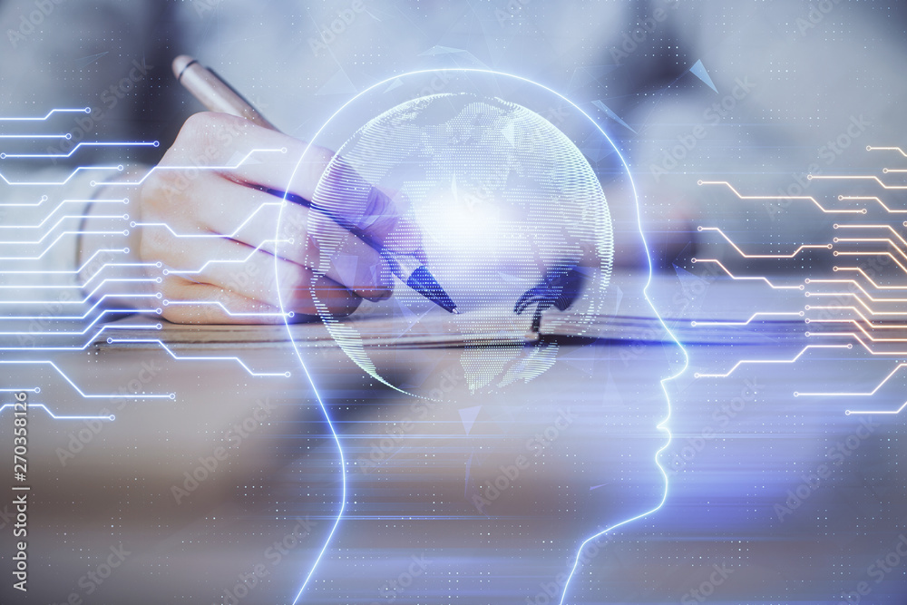 Double exposure of woman's writing hand on background with brain hud. Concept of learning. Double exposure of woman's writing hand on background with brain hud. Concept of learning.