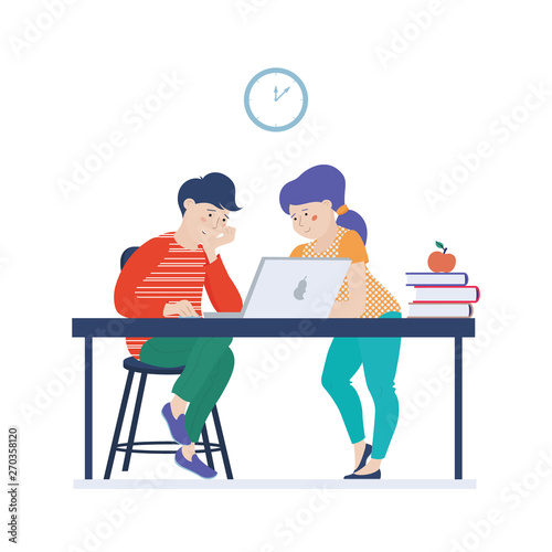 Teenage kids, girl and boy working on laptop, coding, learning computer science, vector illustration isolated on white background. Two kids learn coding, boy demonstrating something on screen to girl