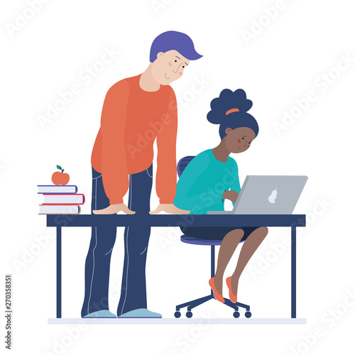 Teenage African American black girl working on computer in classroom, teacher standing near helping, vector illustration isolated on white background. Student and teacher at computer science lesson
