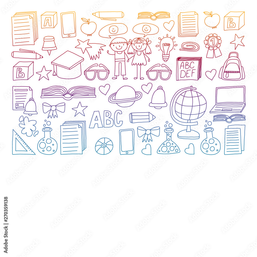 Vector set of secondary school icons in doodle style. Painted, colorful, gradient, on a white background.