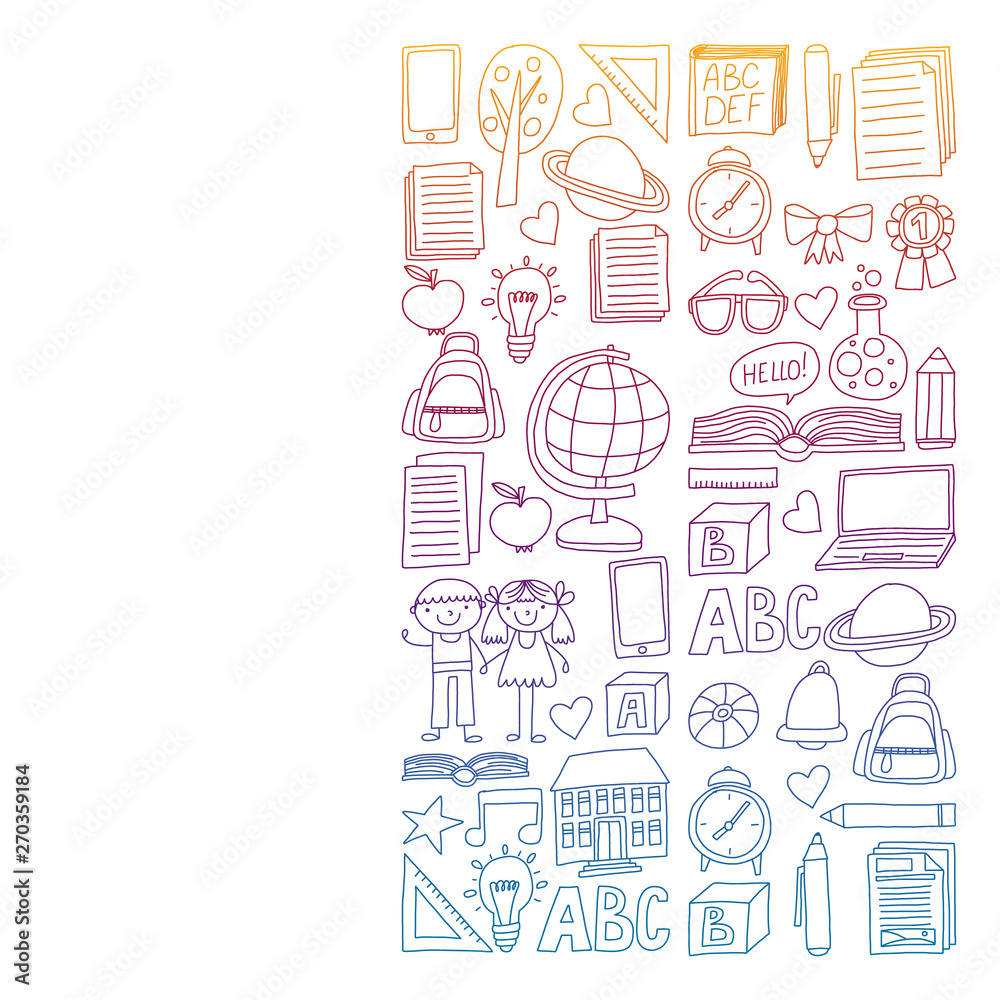 Vector set of secondary school icons in doodle style. Painted, colorful, gradient, on a white background. Vector set of secondary school icons in doodle style. Painted, colorful, gradient, on a white background.