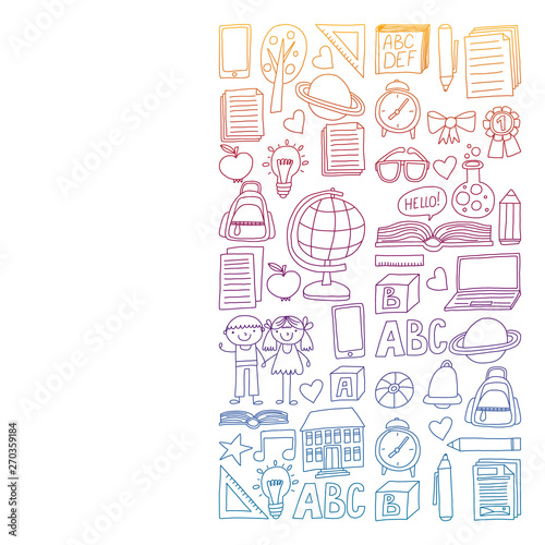 Vector set of secondary school icons in doodle style. Painted, colorful, gradient, on a white background.