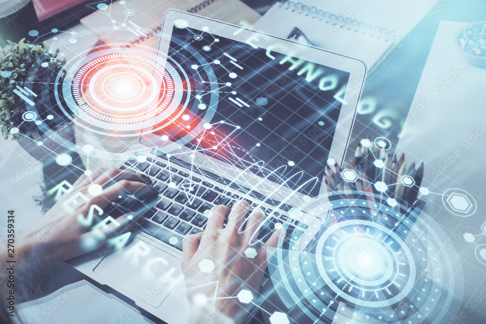 Multi exposure of technology hologram with man working on computer background. Concept of big data. Multi exposure of technology hologram with man working on computer background. Concept of big data.