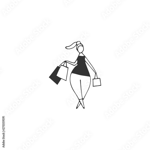 Attractive overweight woman on shopping. Hand drawn vector icon. Body positive, plus size concept.