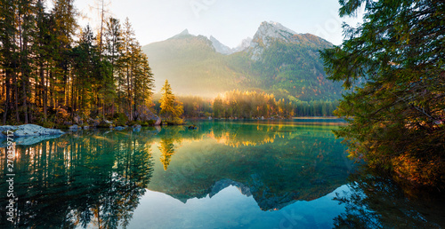 Аabulous autumn sunrise of Hintersee lake. Amazing morning view of Bavarian Alps on the Austrian border, Germany, Europe. Beauty of nature concept background. #270359717