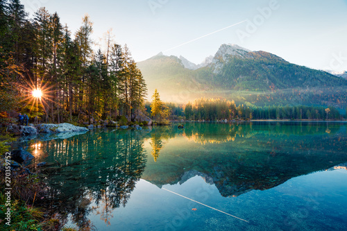 Fototapeta Naklejka Na Ścianę i Meble -  Fantastic autumn sunrise of Hintersee lake. Amazing morning view of Bavarian Alps on the Austrian border, Germany, Europe. Beauty of nature concept background.